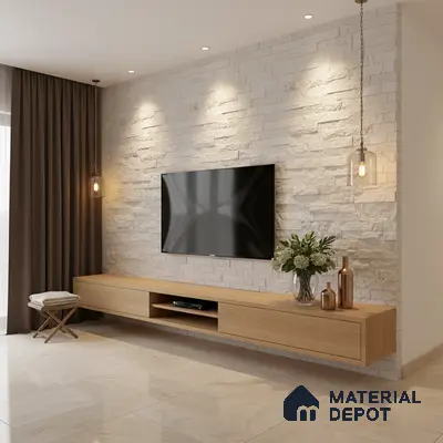 Modern TV unit with light oak laminate, white stacked stone cladding, and beige marble floor tiles in Bengaluru
