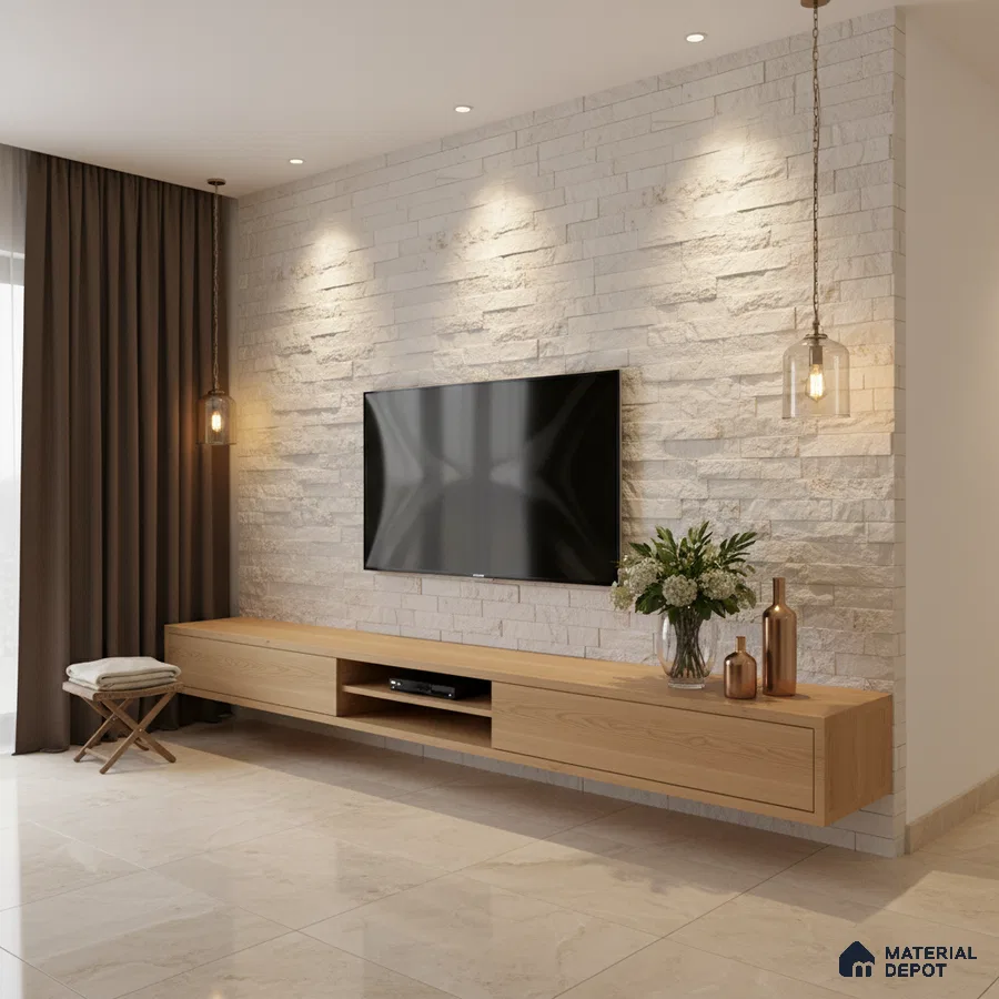 Modern TV unit with light oak laminate, white stacked stone cladding, and beige marble floor tiles in Bengaluru