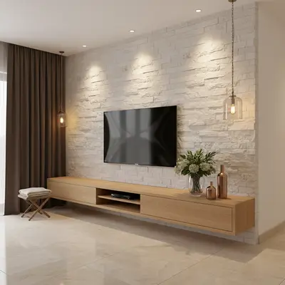 Modern TV unit with light oak laminate, white stacked stone cladding, and beige marble floor tiles in Bengaluru