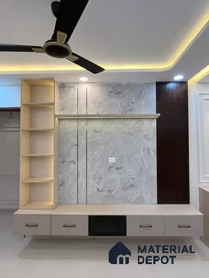 Modern TV Unit with Marble and Wooden Louvre in Bengaluru | Material Depot
