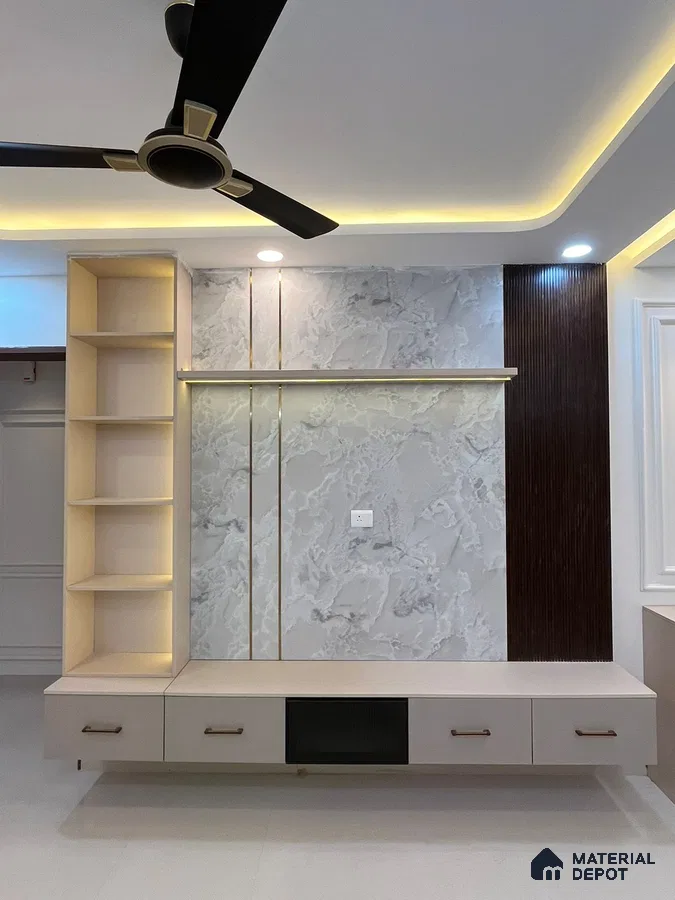 Modern TV Unit with Marble and Wooden Louvre in Bengaluru | Material Depot