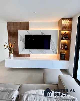 Modern Tv Unit With Marble Panel, Fluted Wood Accent, And Backlit Bar Display | Material Depot