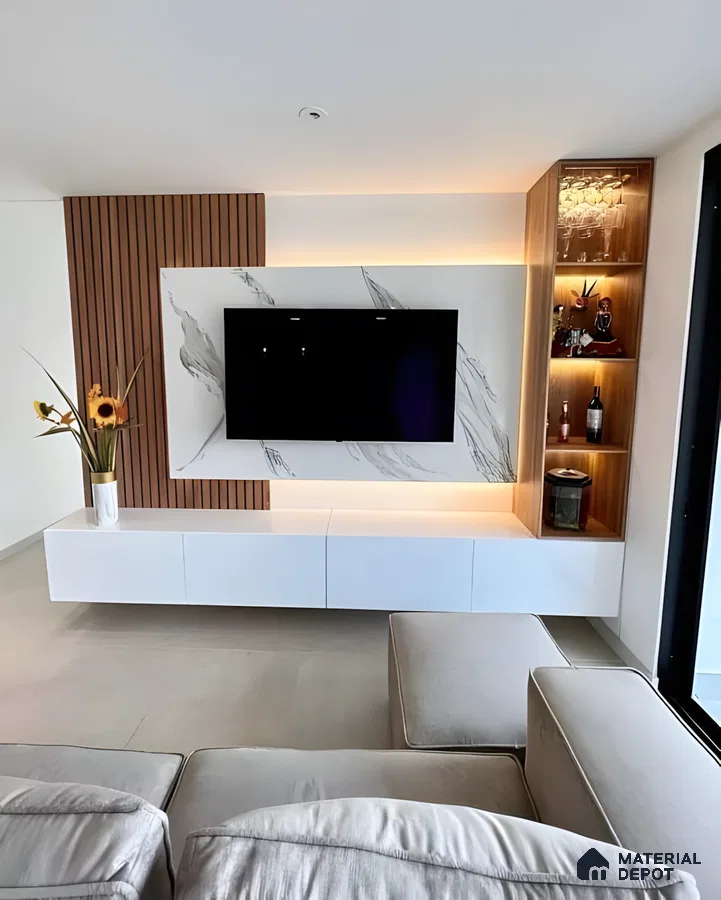 Modern Tv Unit With Marble Panel, Fluted Wood Accent, And Backlit Bar Display | Material Depot