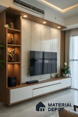 Modern Tv Unit With Marble Wall And Wood Accents | Material Depot