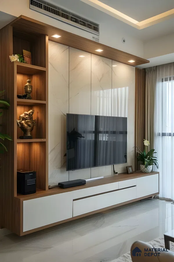 Modern Tv Unit With Marble Wall And Wood Accents | Material Depot