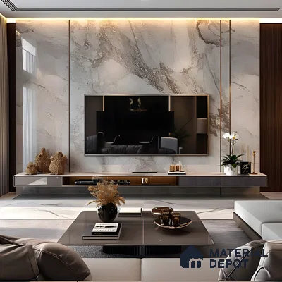 Modern Tv Unit With Marble Wall, Grey Cabinets, And Wood Accents | Material Depot