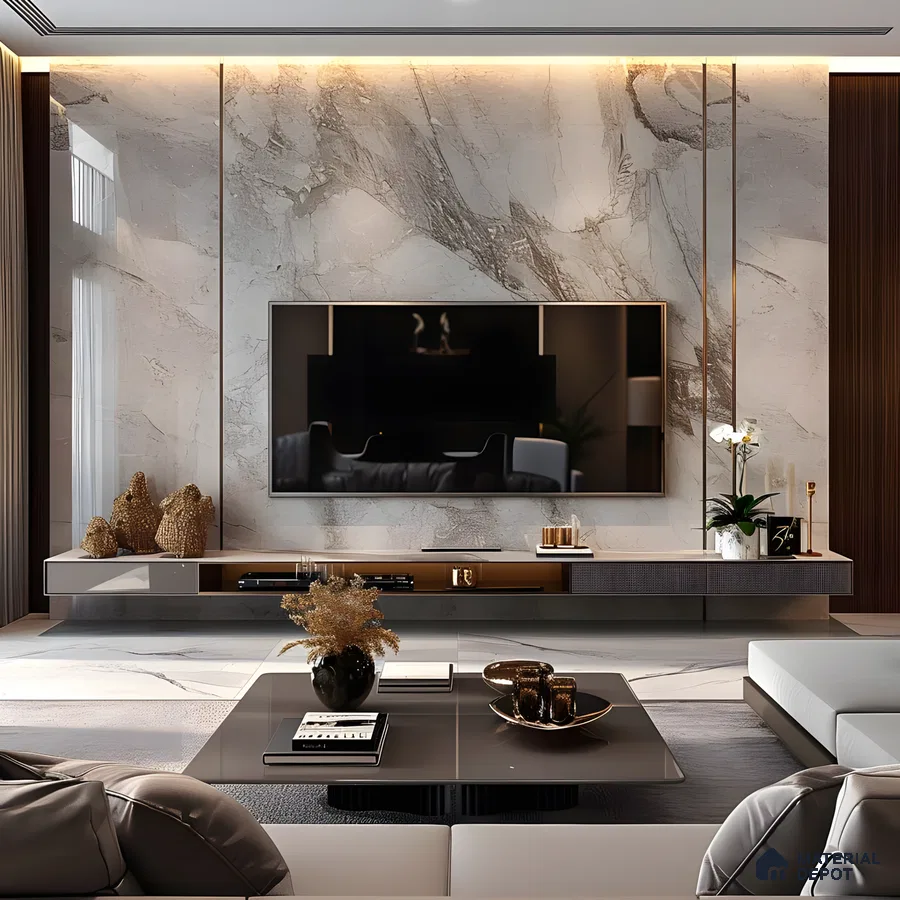 Modern Tv Unit With Marble Wall, Grey Cabinets, And Wood Accents | Material Depot