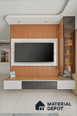Modern TV unit with marble-look laminate frame, fluted wood laminate panel, and white glossy base cabinet of 2 BHK in Purva Palm Beach Hennur Bengaluru | Material Depot