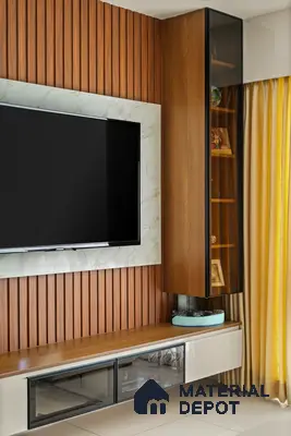 Modern TV unit with marble-look laminate frame, walnut wood fluted panels, and glossy white base cabinets of 2 BHK in Purva Palm Beach Hennur Bengaluru | Material Depot