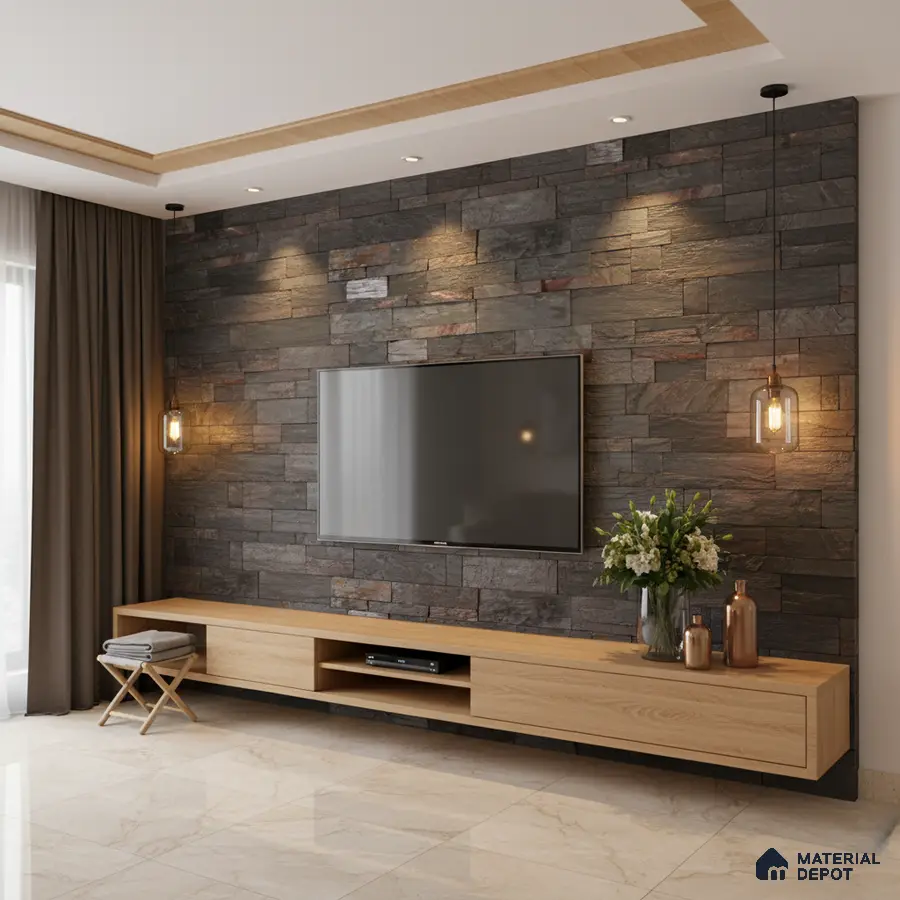 Modern TV unit with natural oak laminate and stacked stone cladding accent wall in Bengaluru