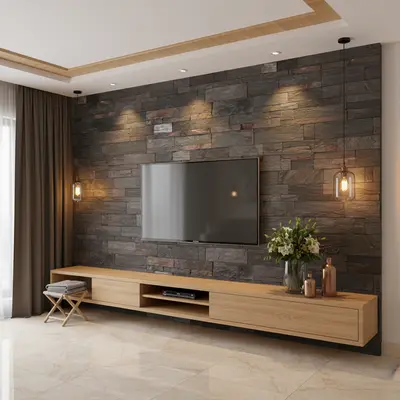 Modern TV unit with natural oak laminate and stacked stone cladding accent wall in Bengaluru