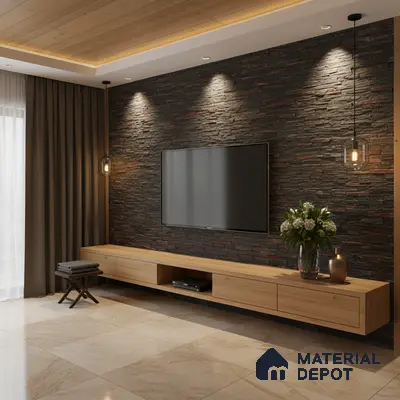 Modern TV unit with natural oak laminate, black stacked stone cladding, and beige marble floor tiles in Bengaluru