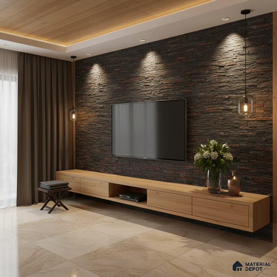 Modern TV unit with natural oak laminate, black stacked stone cladding, and beige marble floor tiles in Bengaluru