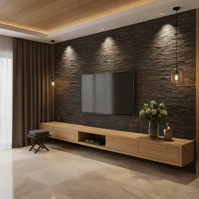 Modern TV unit with natural oak laminate, black stacked stone cladding, and beige marble floor tiles in Bengaluru