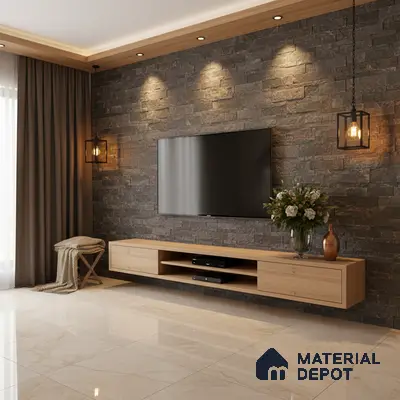 Modern TV unit with natural oak laminate, stacked stone cladding wall, and polished beige marble floor in Bengaluru