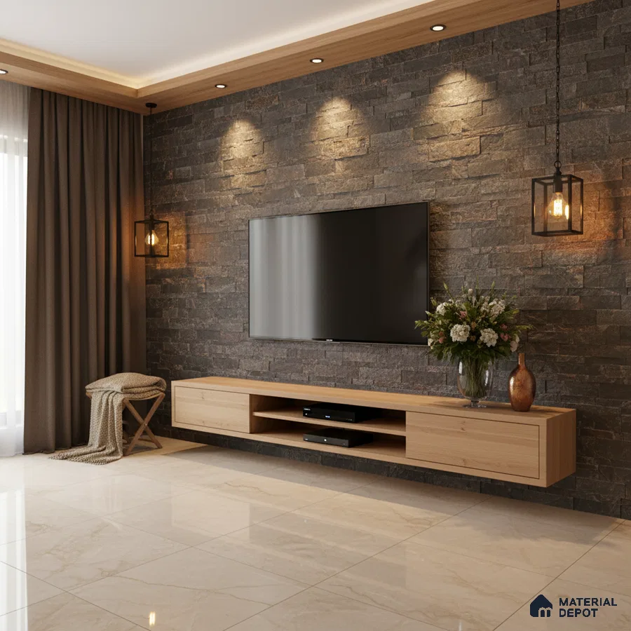 Modern TV unit with natural oak laminate, stacked stone cladding wall, and polished beige marble floor in Bengaluru