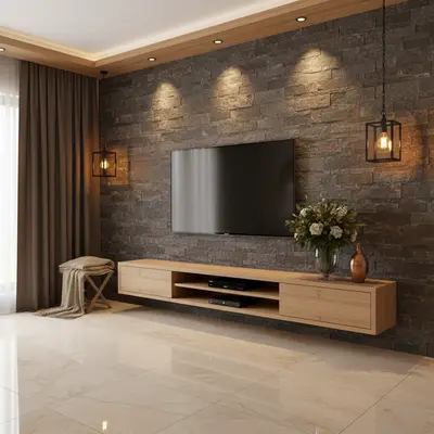 Modern TV unit with natural oak laminate, stacked stone cladding wall, and polished beige marble floor in Bengaluru