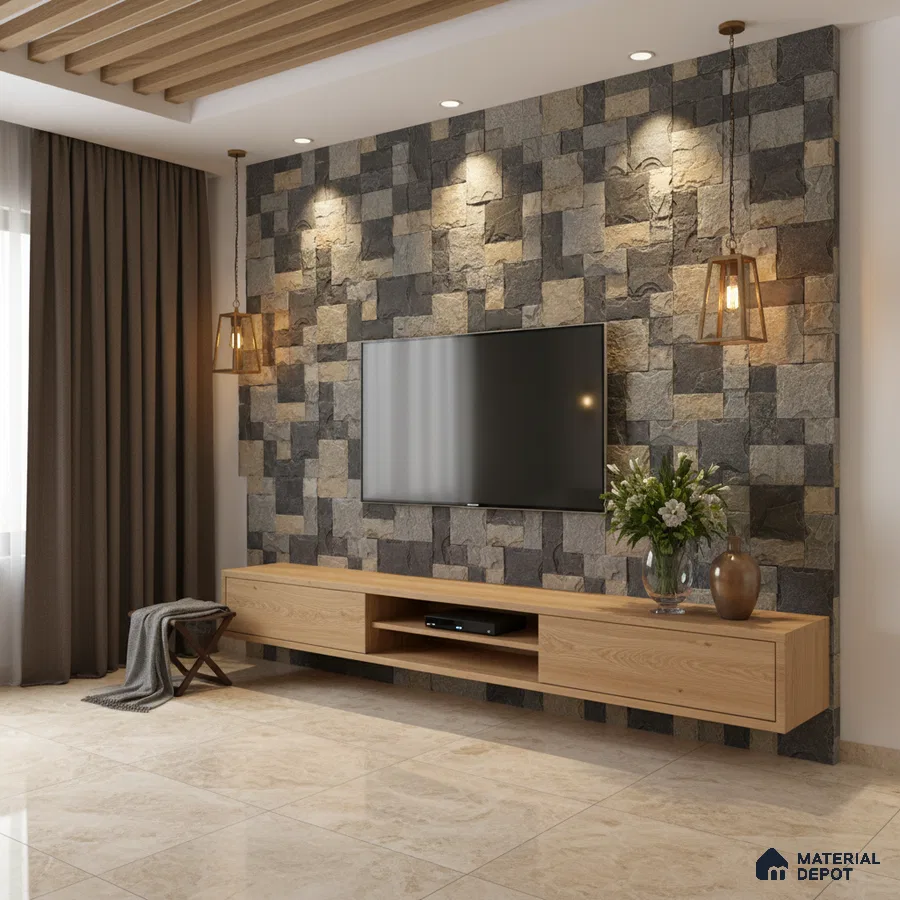 Modern TV unit with natural oak laminate, stone cladding accent wall, and beige marble floor tiles in Bengaluru
