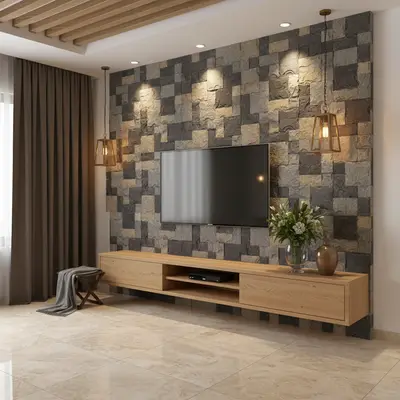 Modern TV unit with natural oak laminate, stone cladding accent wall, and beige marble floor tiles in Bengaluru