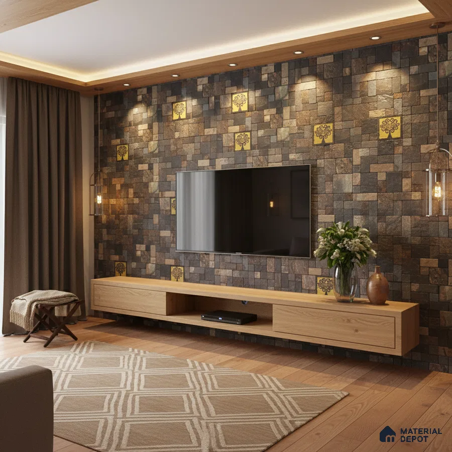 Modern TV unit with natural oak laminate, stone cladding accent wall, and geometric rug in Bengaluru