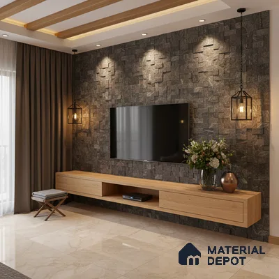 Modern TV unit with natural oak laminate, textured stone cladding wall, and marble floor tiles in Bengaluru