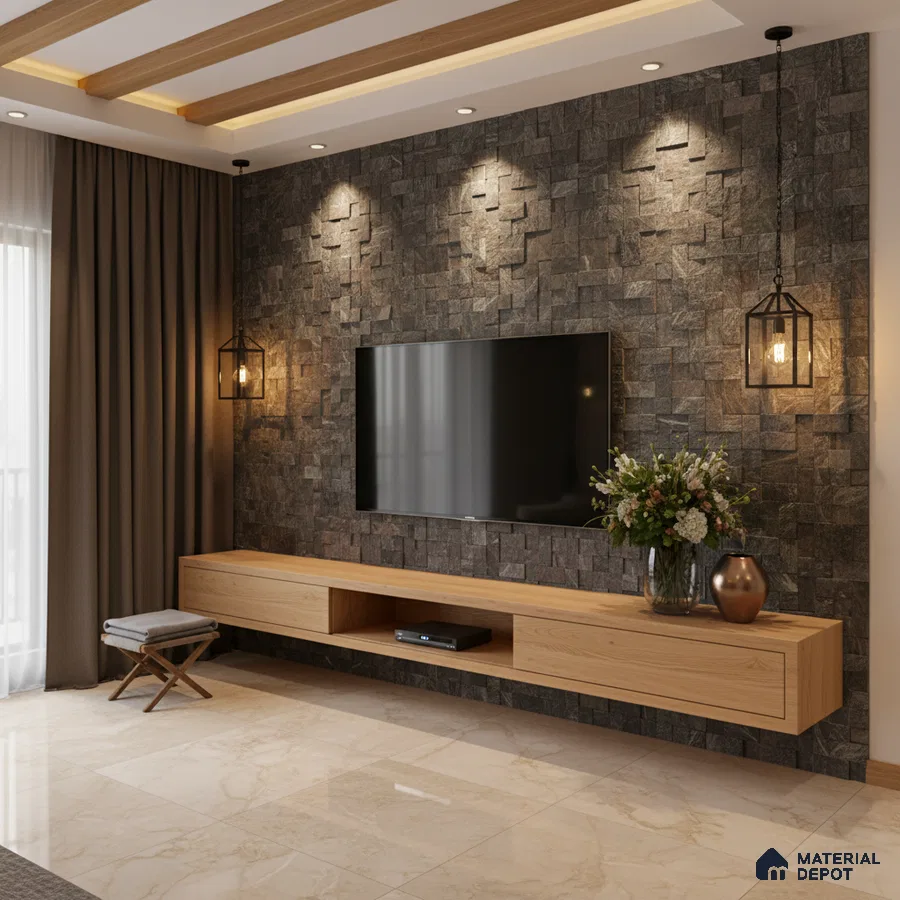 Modern TV unit with natural oak laminate, textured stone cladding wall, and marble floor tiles in Bengaluru