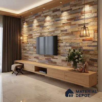 Modern TV unit with natural stone cladding accent wall and light oak laminate cabinet in Bengaluru