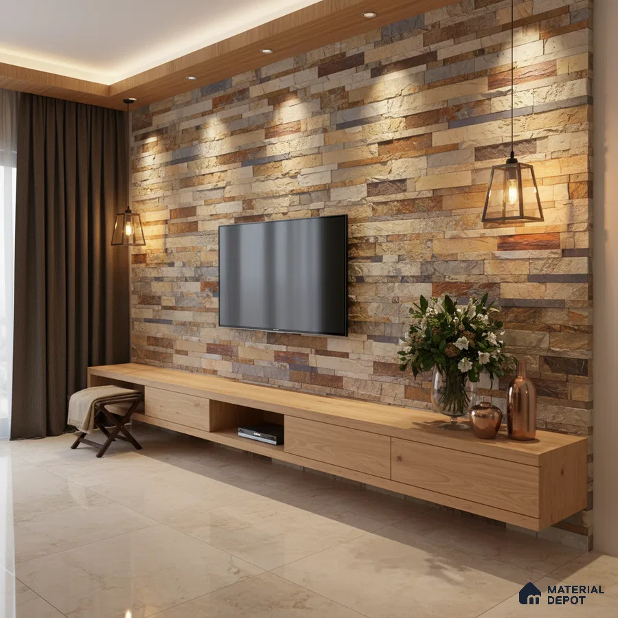 Modern TV unit with natural stone cladding accent wall and light oak laminate cabinet in Bengaluru
