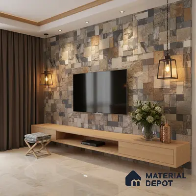 Modern TV unit with natural stone cladding accent wall and light oak laminate floating cabinet in Bengaluru