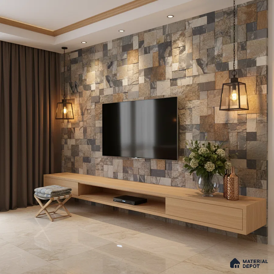 Modern TV unit with natural stone cladding accent wall and light oak laminate floating cabinet in Bengaluru
