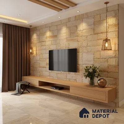 Modern TV unit with natural stone cladding and light oak laminate cabinet in living room in Bengaluru