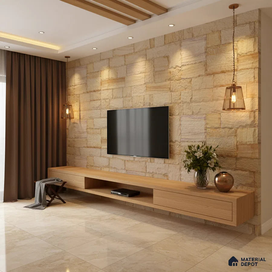Modern TV unit with natural stone cladding and light oak laminate cabinet in living room in Bengaluru