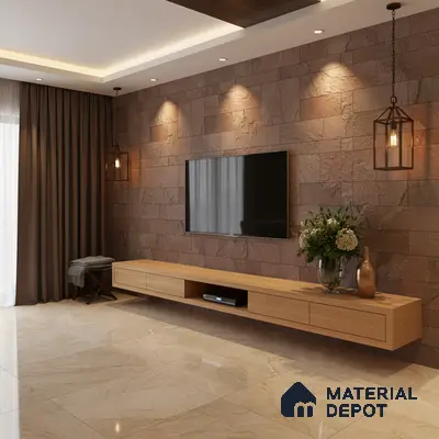 Modern TV unit with natural stone cladding wall and light oak laminate floating cabinet in Bengaluru