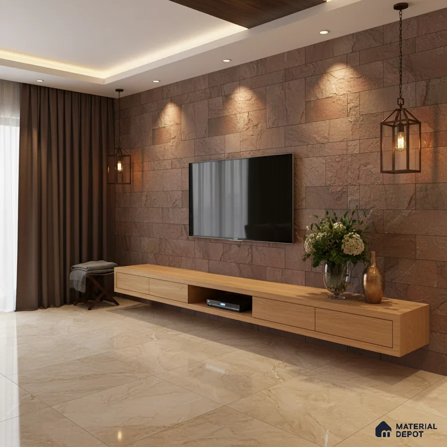 Modern TV unit with natural stone cladding wall and light oak laminate floating cabinet in Bengaluru