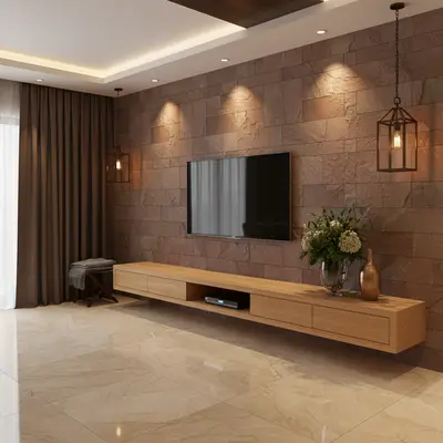Modern TV unit with natural stone cladding wall and light oak laminate floating cabinet in Bengaluru