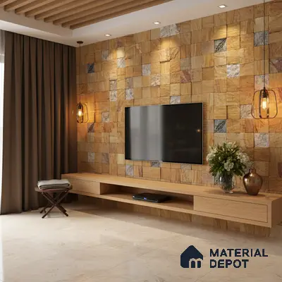 Modern TV unit with natural stone cladding wall and light oak laminate floating cabinet in Bengaluru