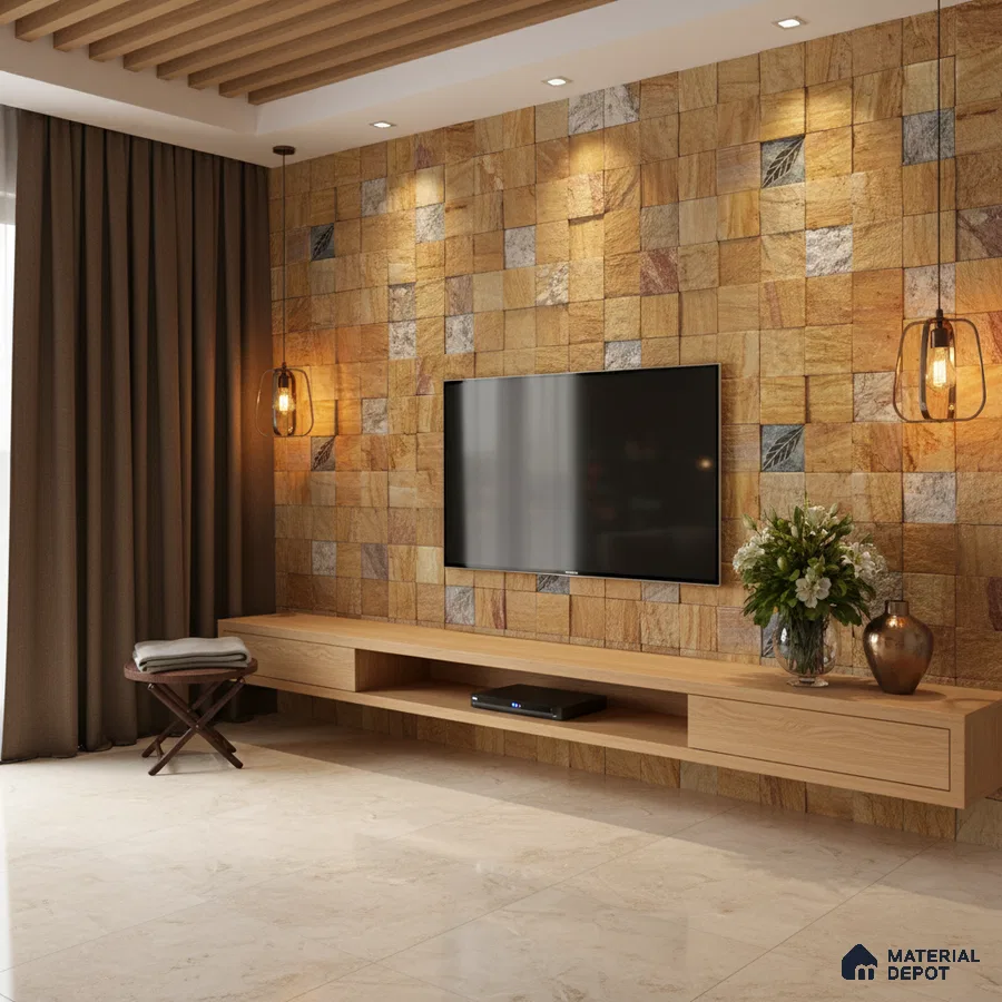 Modern TV unit with natural stone cladding wall and light oak laminate floating cabinet in Bengaluru