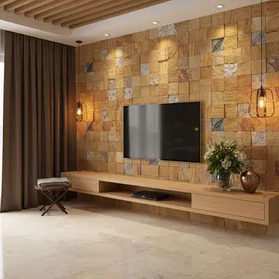 Modern TV unit with natural stone cladding wall and light oak laminate floating cabinet in Bengaluru