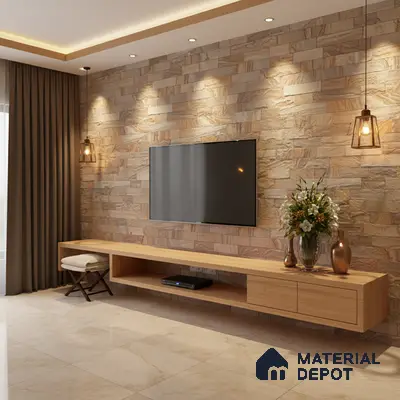 Modern TV unit with natural stone cladding wall and light oak laminate floating cabinet in Bengaluru