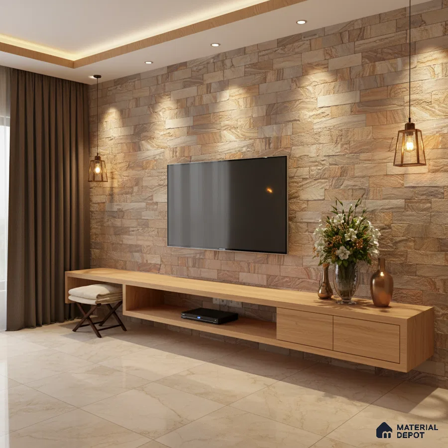 Modern TV unit with natural stone cladding wall and light oak laminate floating cabinet in Bengaluru