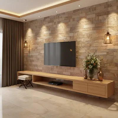 Modern TV unit with natural stone cladding wall and light oak laminate floating cabinet in Bengaluru