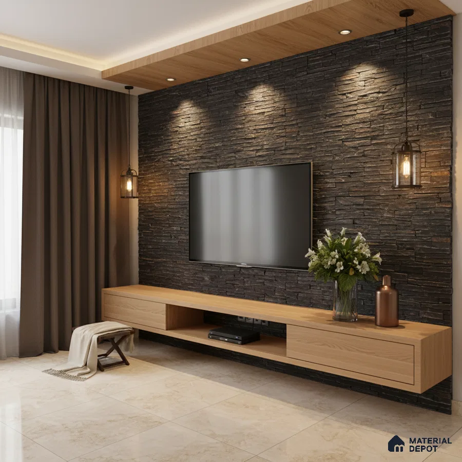 Modern TV unit with oak wood laminate, black stacked stone cladding, and beige marble floor tile in Bengaluru