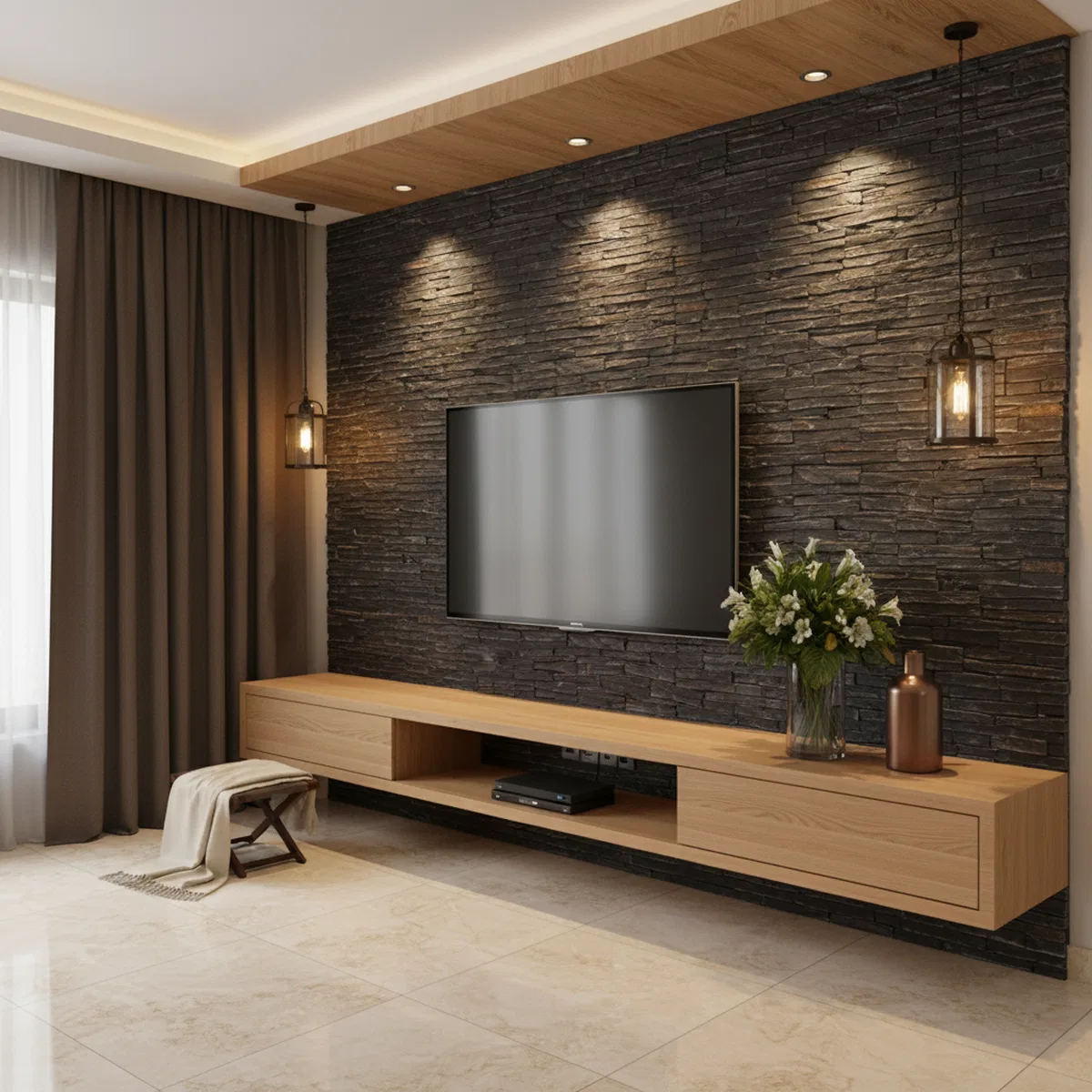 Tv Unit Cladding Modern TV unit with oak wood laminate, black stacked stone cladding ...