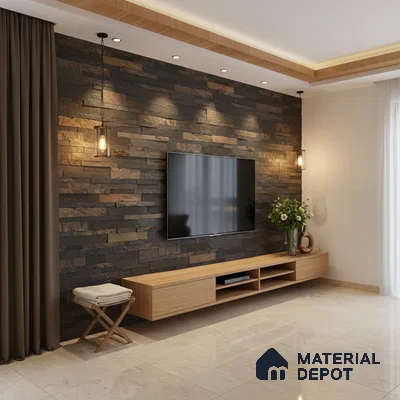 Modern TV unit with stacked stone cladding and light oak laminate cabinet in living room in Bengaluru
