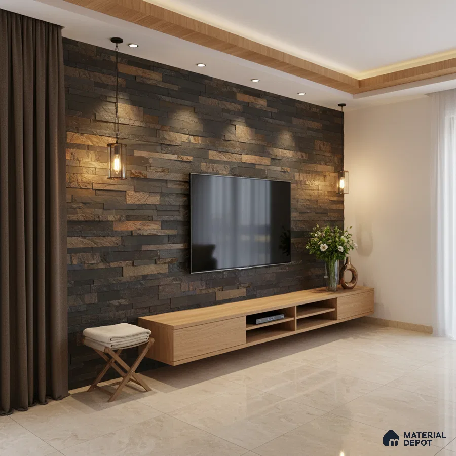 Modern TV unit with stacked stone cladding and light oak laminate cabinet in living room in Bengaluru