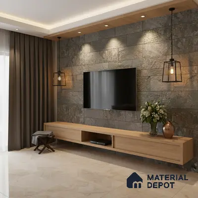 Modern TV unit with stone cladding accent wall and light oak laminate floating cabinet in Bengaluru