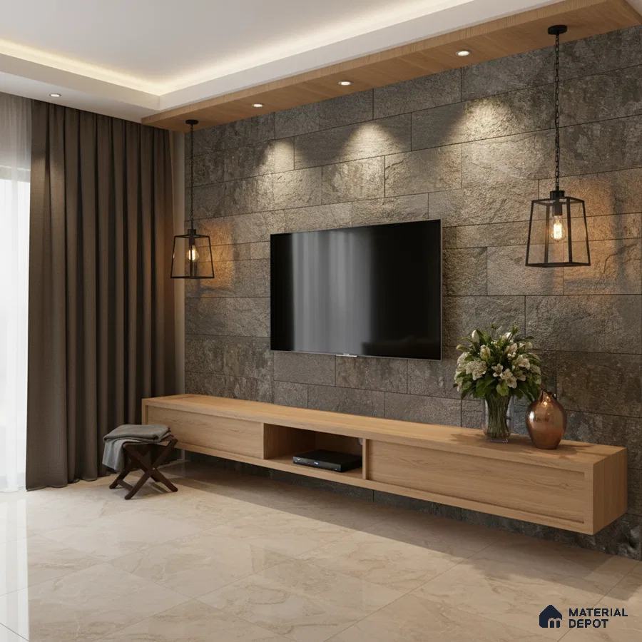 Modern TV unit with stone cladding accent wall and light oak laminate floating cabinet in Bengaluru