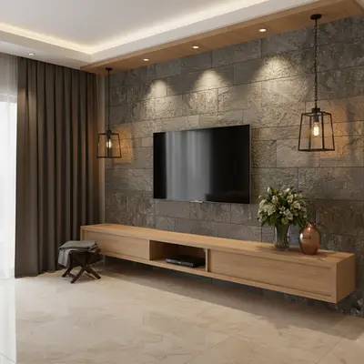 Modern TV unit with stone cladding accent wall and light oak laminate floating cabinet in Bengaluru