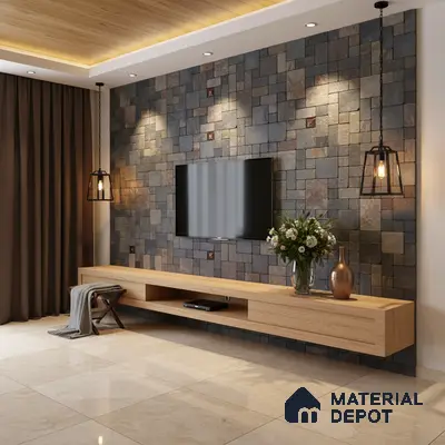 Modern TV unit with stone cladding accent wall, light oak laminate cabinet, and beige marble floor tiles in Bengaluru