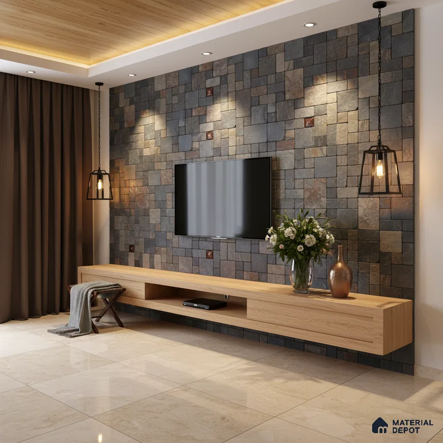 Modern TV unit with stone cladding accent wall, light oak laminate cabinet, and beige marble floor tiles in Bengaluru